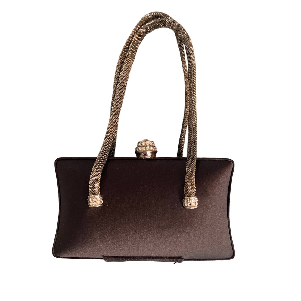 Mini Black Satin Handbag with Silver braided handles and crystals.  EUC